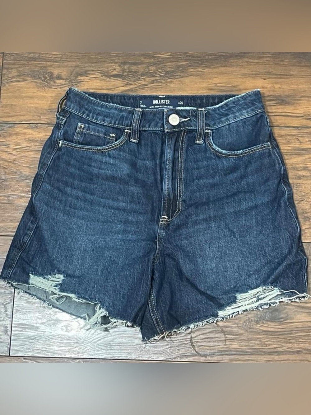 Hollister Dark Blue High-Waist Frayed Denim Shorts